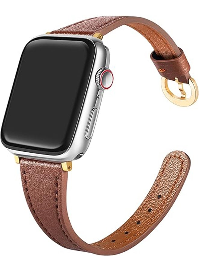 سوار جلدي متوافق مع ساعة أبل للنساء، متوفر بمقاسات 38 مم، 40 مم، 41 مم، 42 مم، 44 مم، 45 مم، 46 مم، و49 مم، سوار رفيع لساعات أبل من السلسلة SE، SE2، السلسلة 10، 9، 8، 7، 6، 5، 4، 3، 2، 1، لون بني. - Image 1